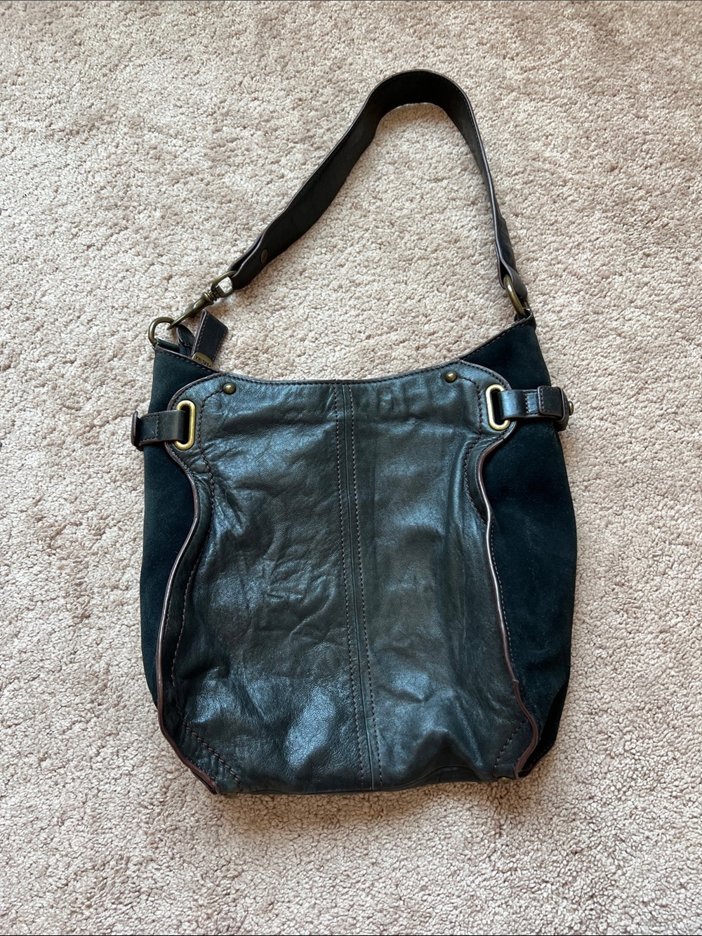 Perlina New York Black Leather and Suede Hobo Shoulder Bag